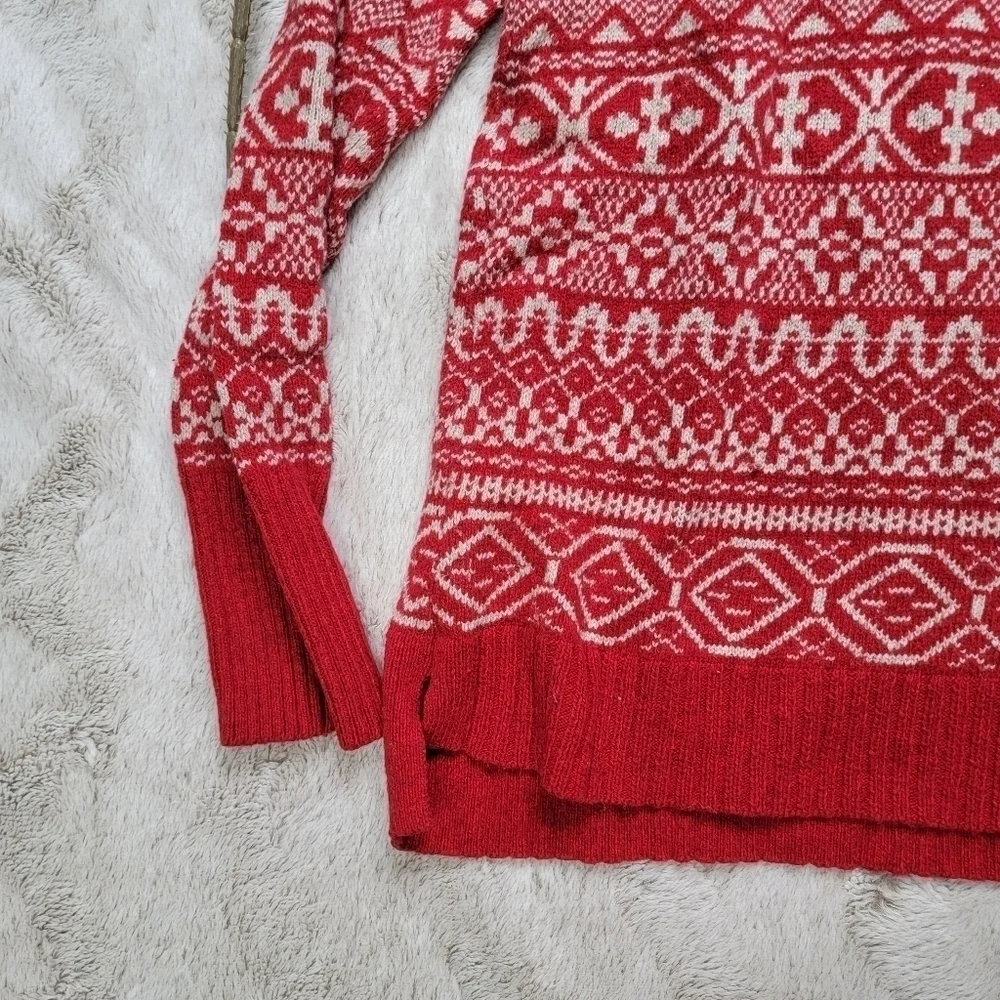 ✨️CL Eddie Bauer Soft Red Cowl Drawstring Neck Festive Winter Print Sweater Sz S